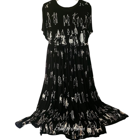 Boho Abstract‎ Figure Print Black White Rayon Midi Maxi Dress Size M - Picture 2 of 6